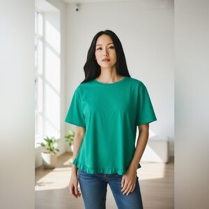 Isaac Mizrahi Live! Women’s Green Ruffle Hem Tee Shirt Size M Cotton Modal Blend